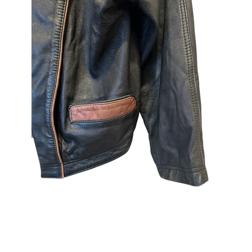 Vintage Butter Soft Black Leather Moto Jacket Brown Trim Quiet Luxury Minimalist - Picture 7 of 16